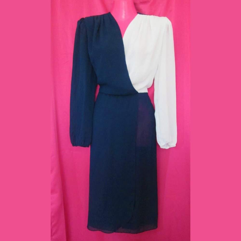 1980 vintage blue colorblock midi dress size small - Picture 2 of 6